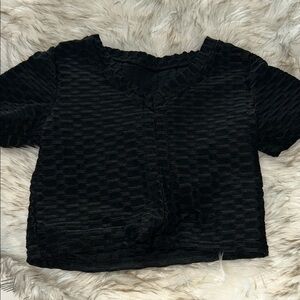 Black Textured Short Sleeve Crop Top